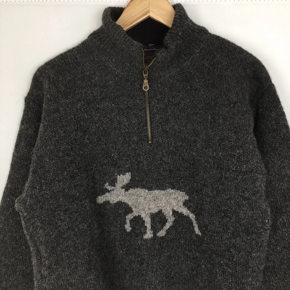 Norwool of Norway Wool Quarter Zip Sweater Gray Moose Print Mens Size Small